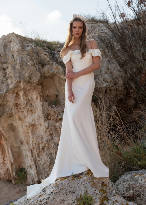Off Shoulder Ivory Satin Wedding Dress With Beaded Belt